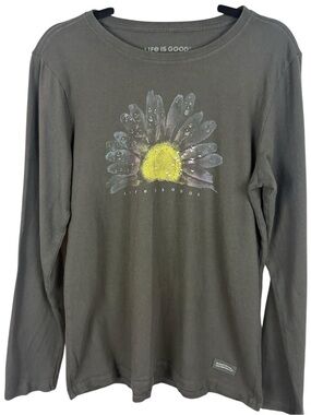 Life Is Good Crusher Tee Gray Sunflower Long Sleeve Graphic T-Shirt Medium